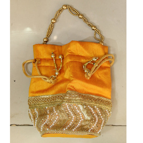 Yellow With Gold Designer Embroider Satin Silk Potli Purse